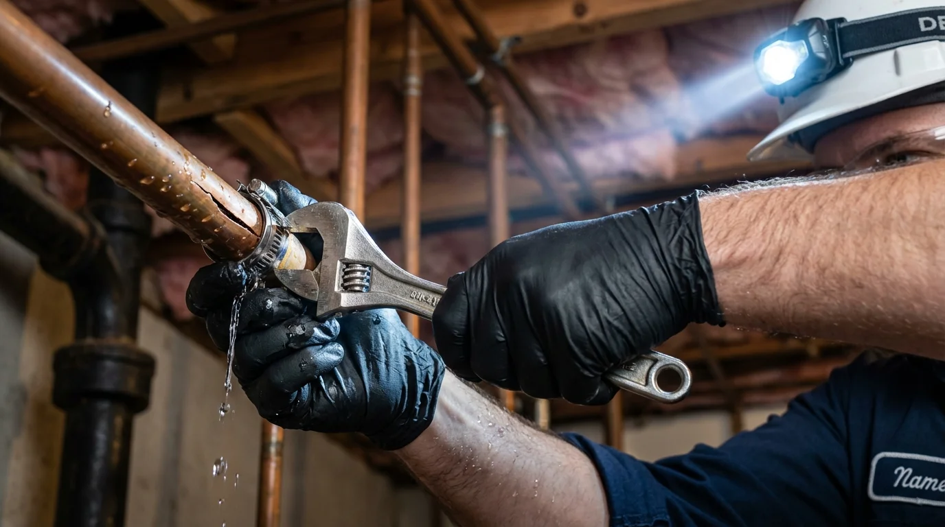 Emergency pipe clamp repair being performed by a Johns Plumbing LLC plumber in Anderson