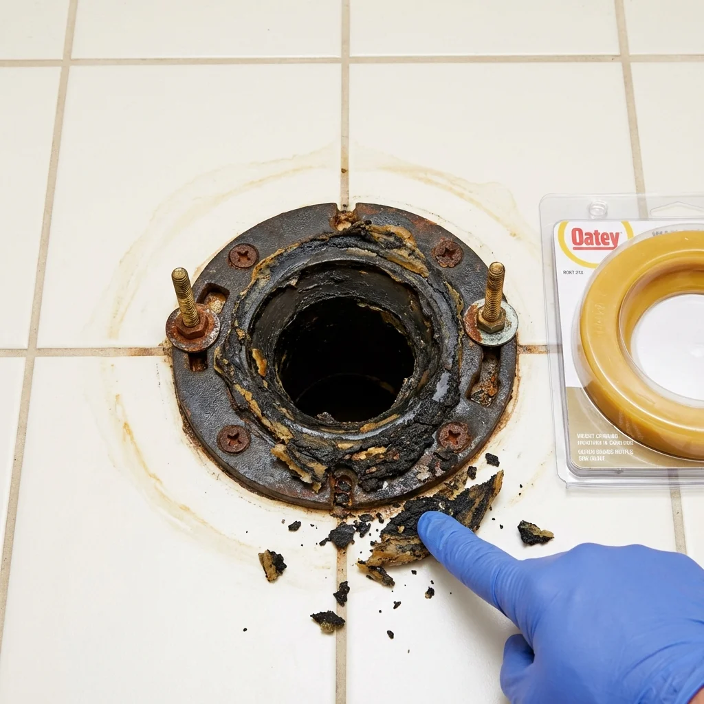 Failed wax ring showing water seepage at the base of a toilet in a Anderson, SC home